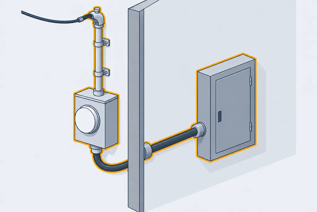 House wall cutaway showing service mast, meter base, service cable and the indoor panel
