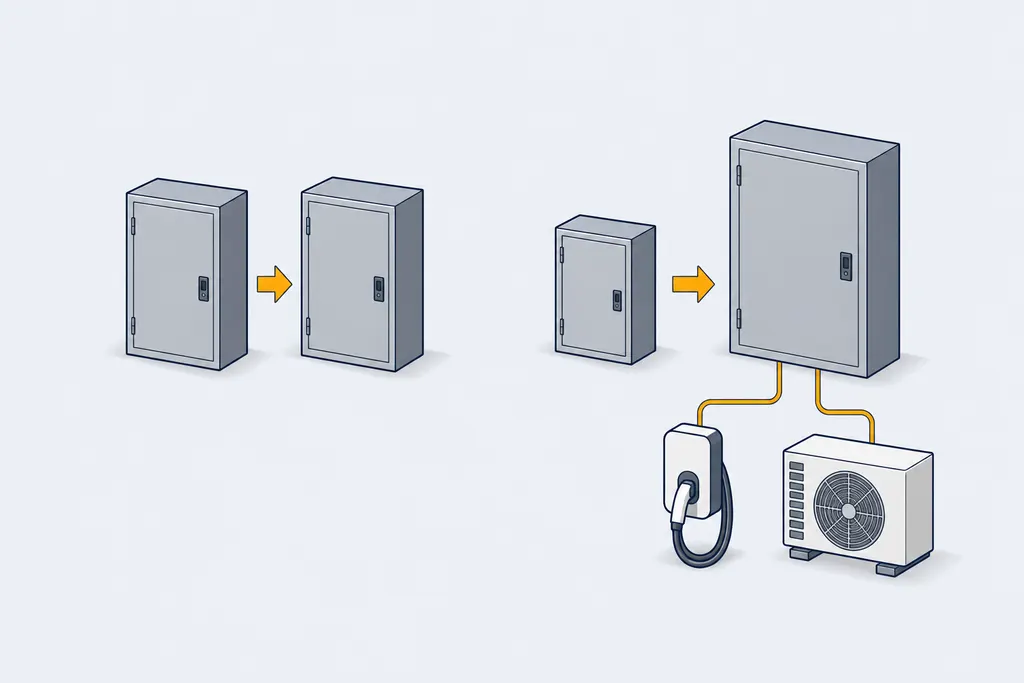 Diagram contrasting a same-size panel replacement with an upgrade to a larger panel feeding an EV charger and heat pump