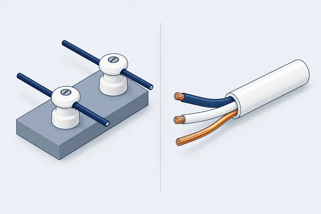 Cross-section comparing two-wire knob-and-tube wiring with a modern three-conductor cable that includes a ground